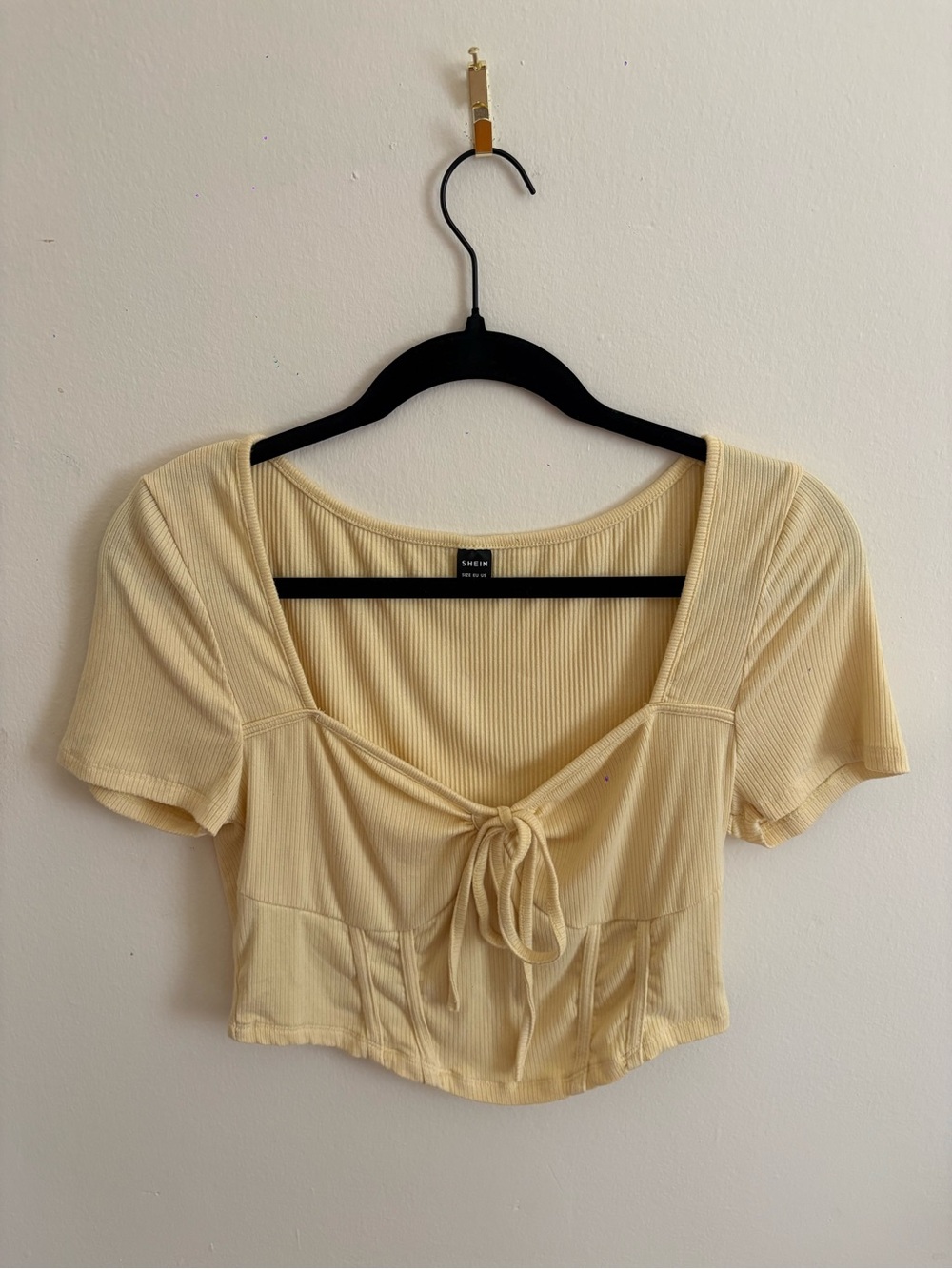 SHEIN Light Yellow Ribbed Tie-Front Crop Top